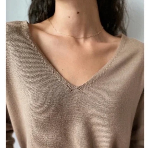 Aritzia Wilfred Knit Sweater Cyprie V-Neck 100% Merino wool Taupe Tan Size L - Picture 5 of 14
